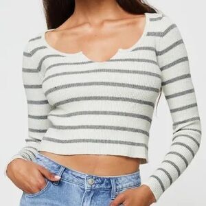 Princess Polly Cream & Gray Striped Scoop Neck Cropped Sweater
